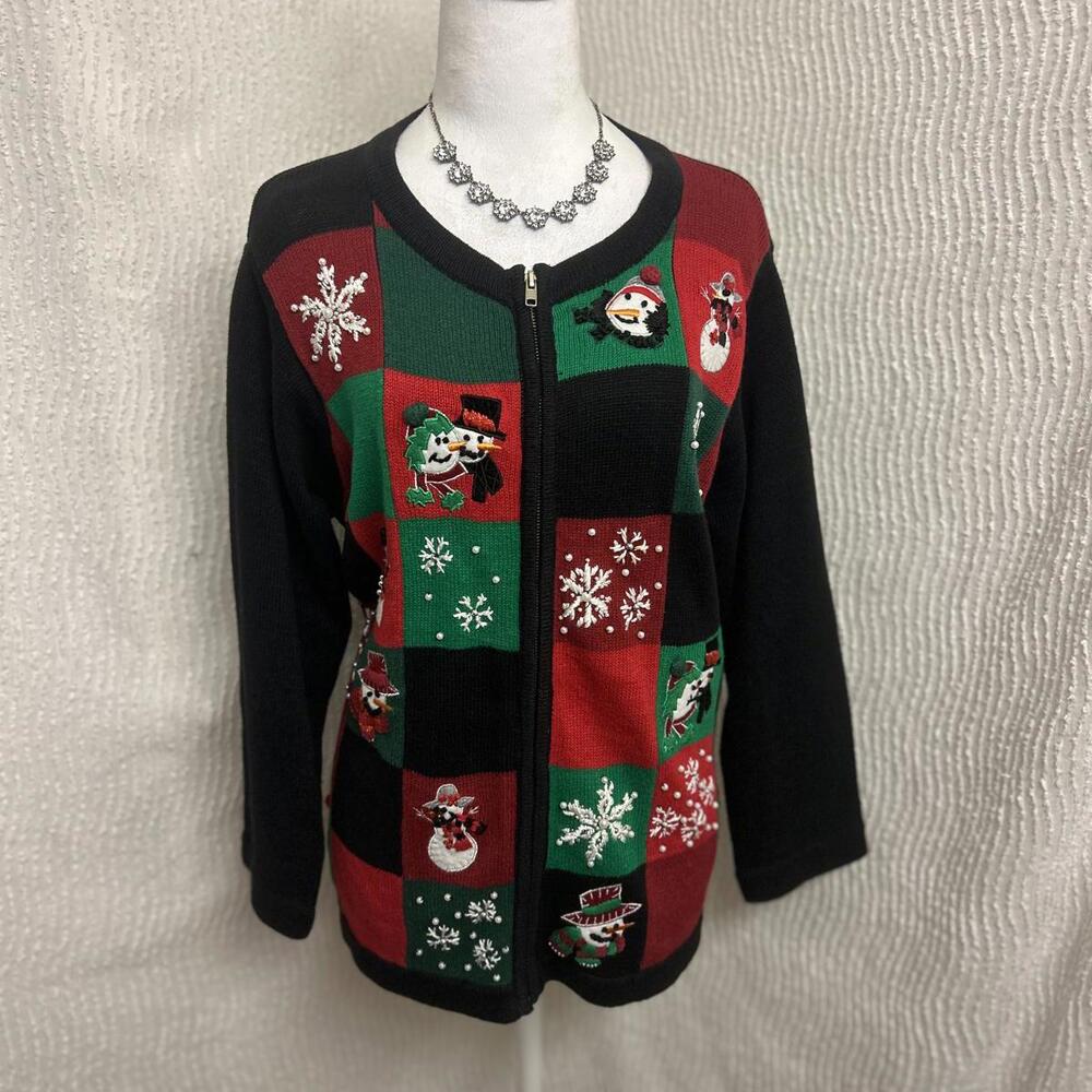 Vintage Ugly Christmas Sweater Large Patchwork Snowmen Beaded Zip-Up
